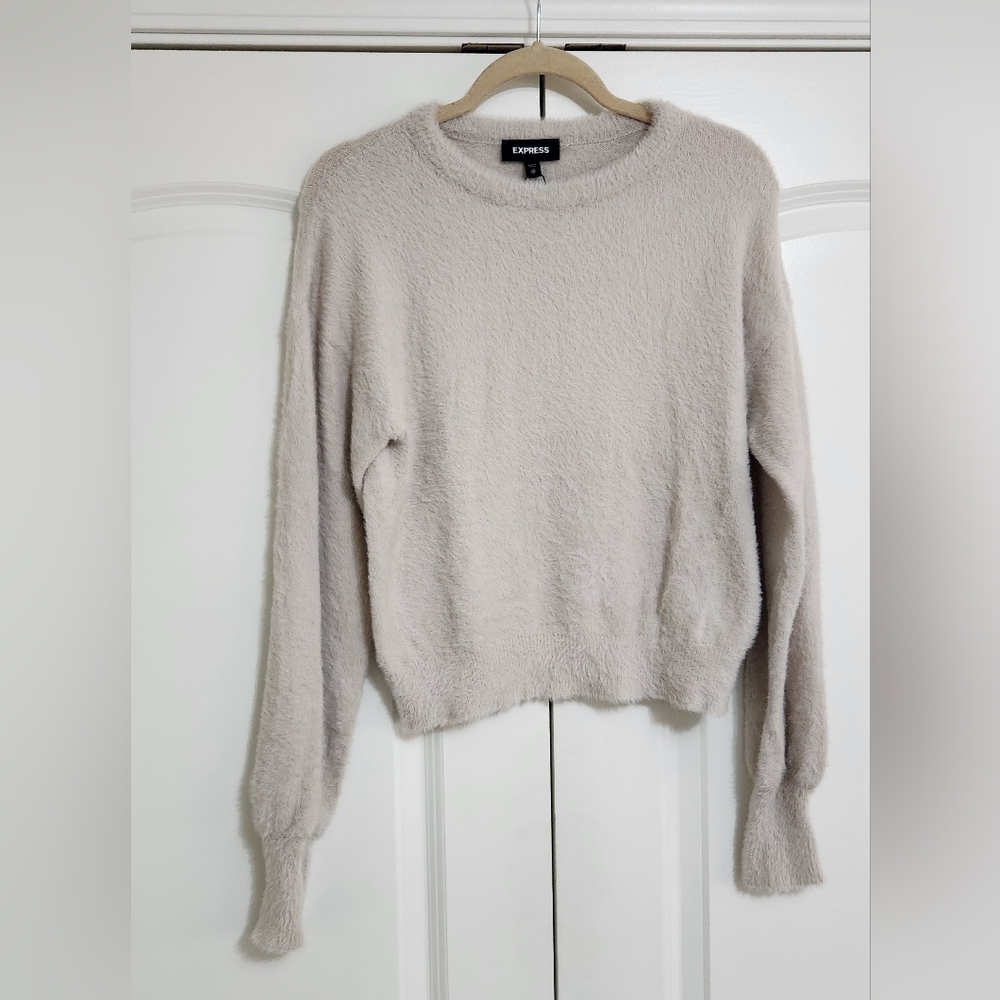 Express Crew Neck Fuzzy Winter White Cropped Sweater Women Size XS